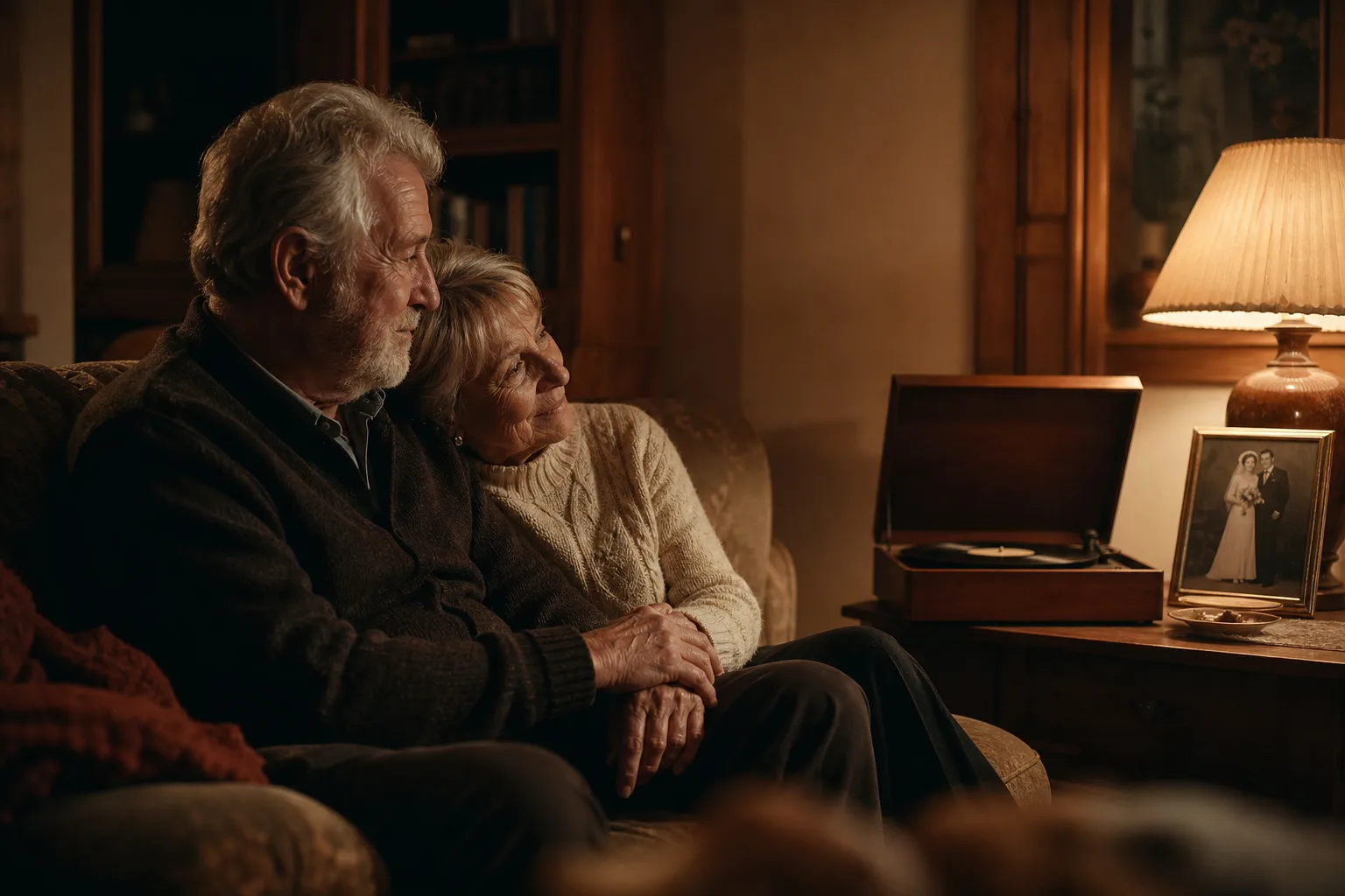 An older couple sitting close on a sofa at night, listening to music together