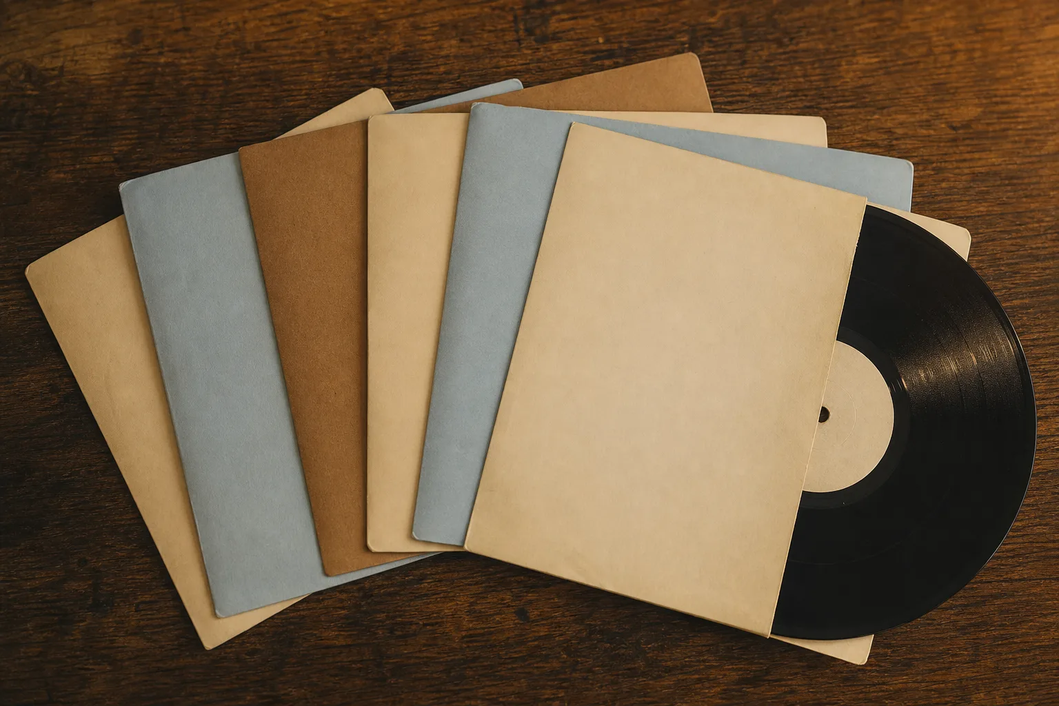 Several vinyl record sleeves fanned out on a wooden table in warm evening light