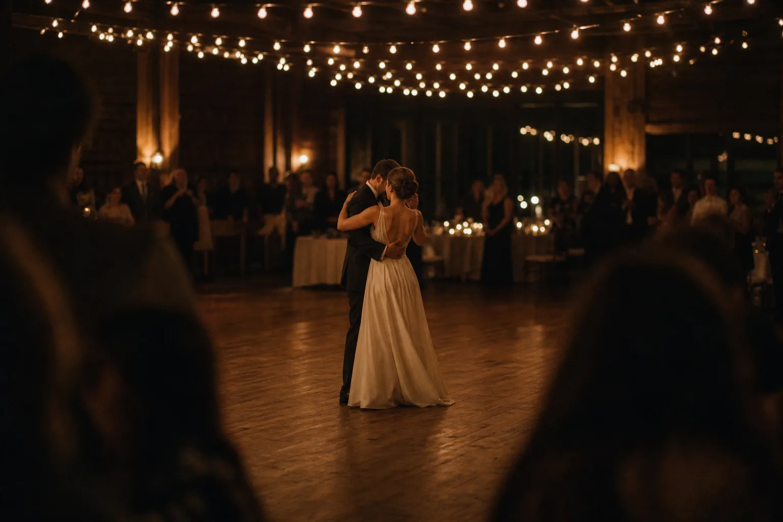 A couple dancing alone under warm string lights at an evening wedding reception