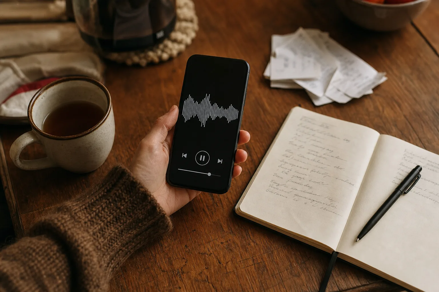 A hand holding a phone showing a song player, next to a handwritten price list on a kitchen table