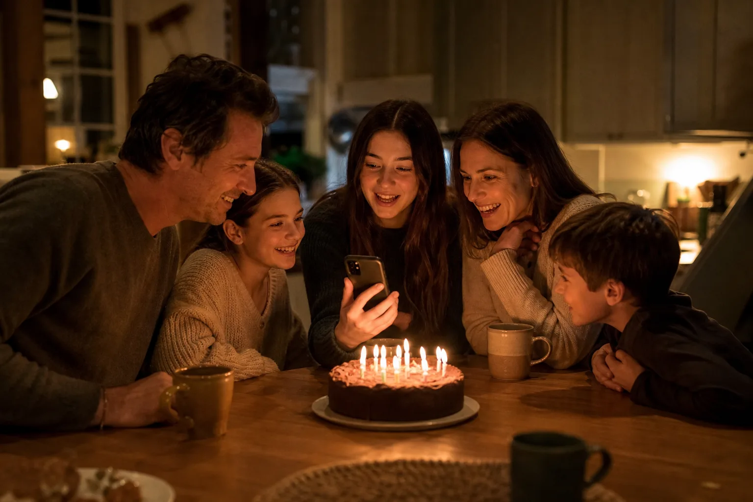 A family gathered around a birthday cake in a warmly lit kitchen, one person holding up a phone playing a song