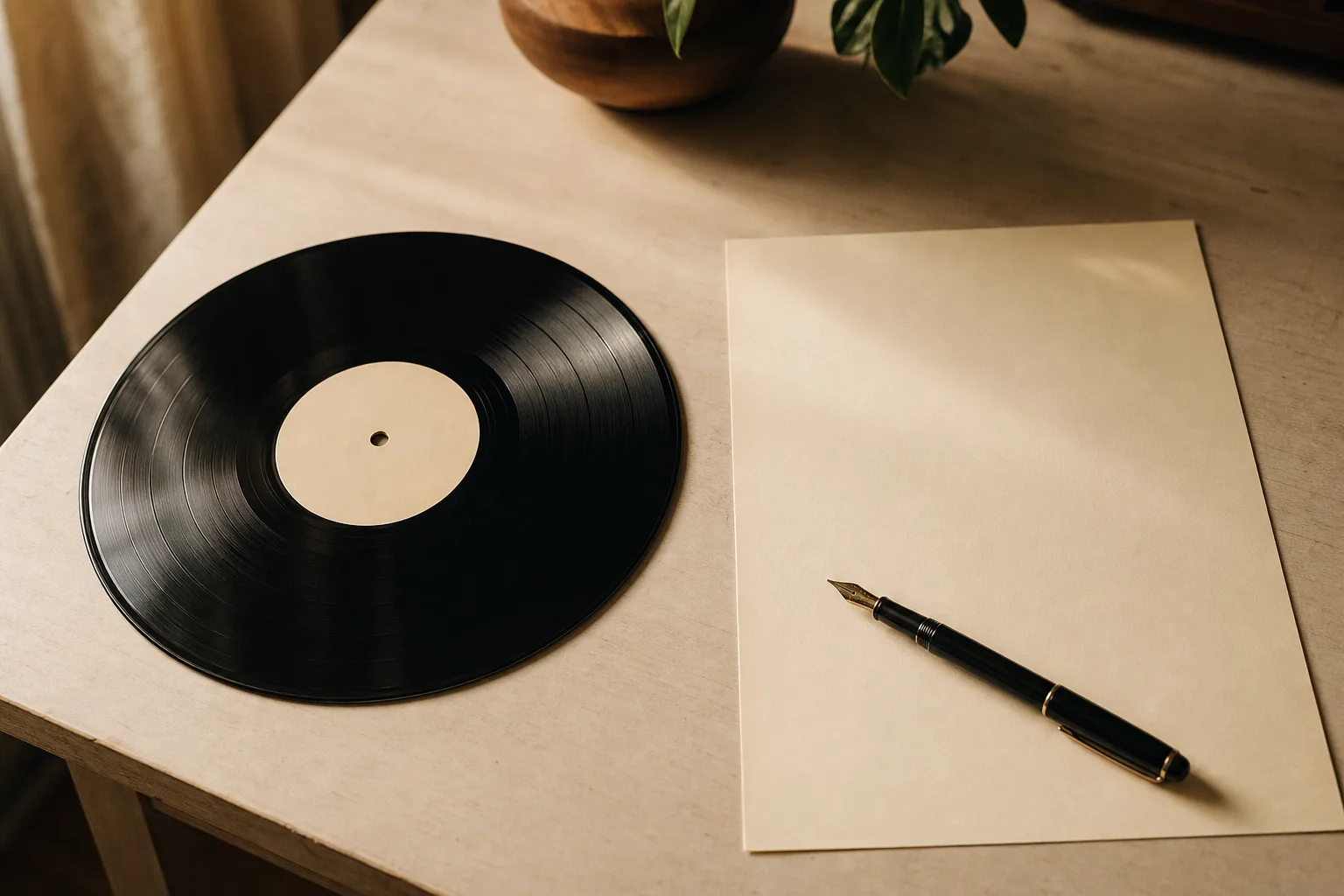 A vinyl record and a printed document lying side by side on a desk in soft daylight
