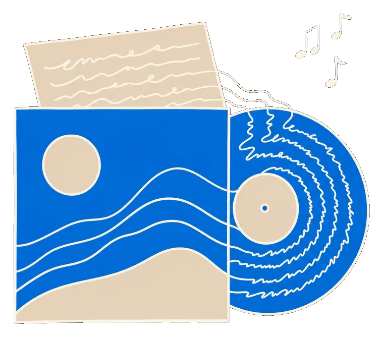 Illustration: a handwritten letter whose lines curl onward into the grooves of a record sliding out of its sleeve