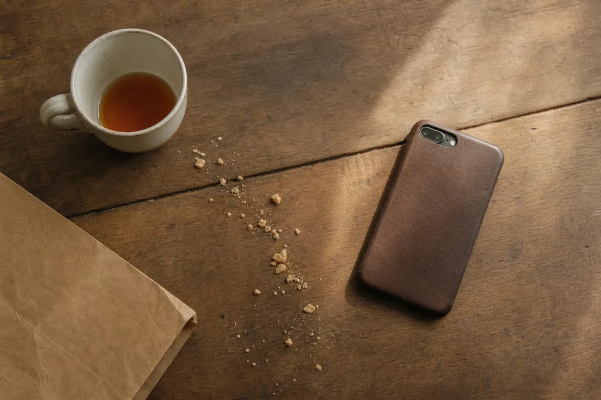 A wooden table with a half-drunk cup of tea, biscuit crumbs and a face-down phone