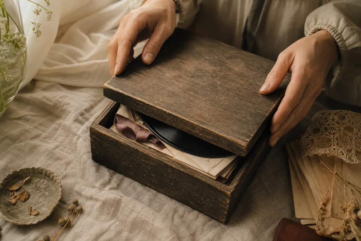 Hands closing a small wooden keepsake box holding folded letters and a record