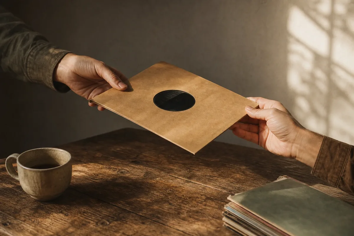 Two pairs of hands passing a kraft paper record sleeve across a wooden table