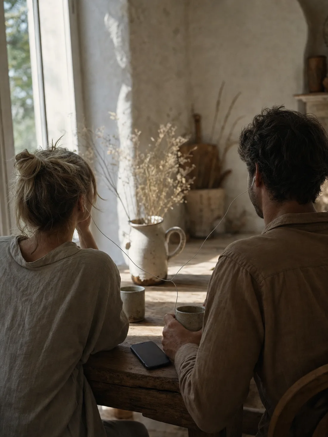 Two people at a kitchen table sharing a pair of earbuds, one each