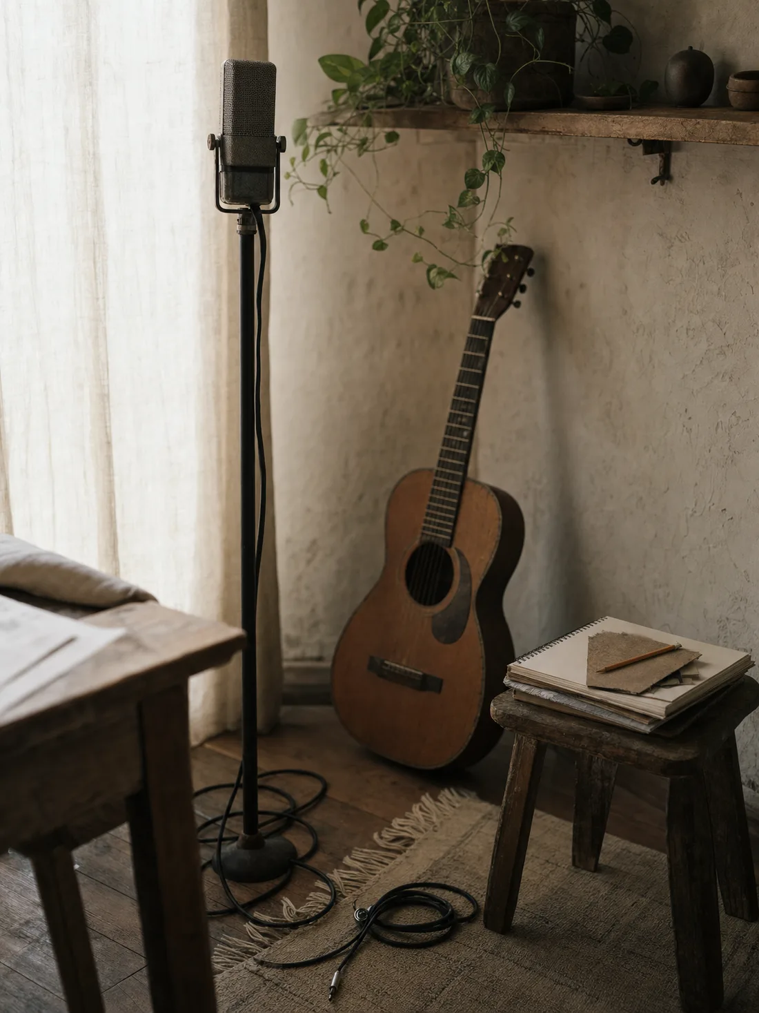 The corner of a small home recording room with a microphone and a guitar