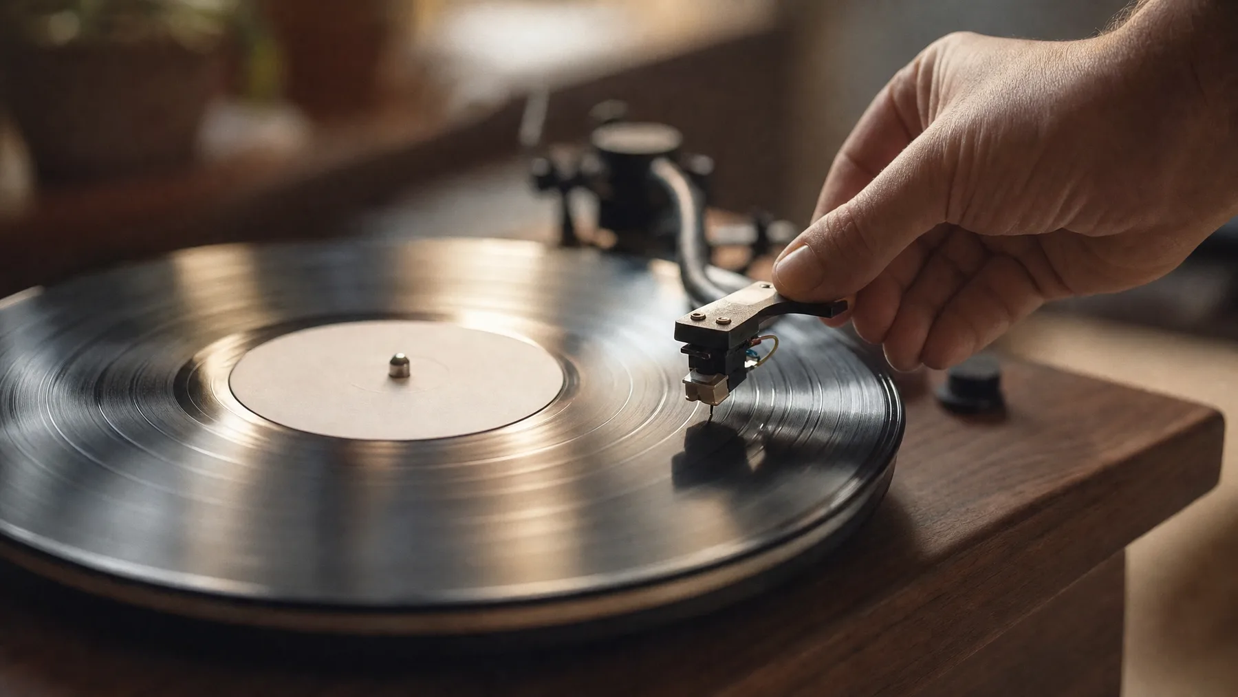 A hand lowering the needle of a record player onto a spinning vinyl record